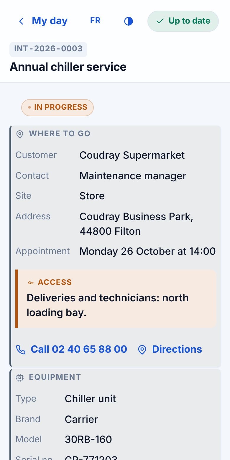 A job on the technician’s phone: customer, address, access code and equipment