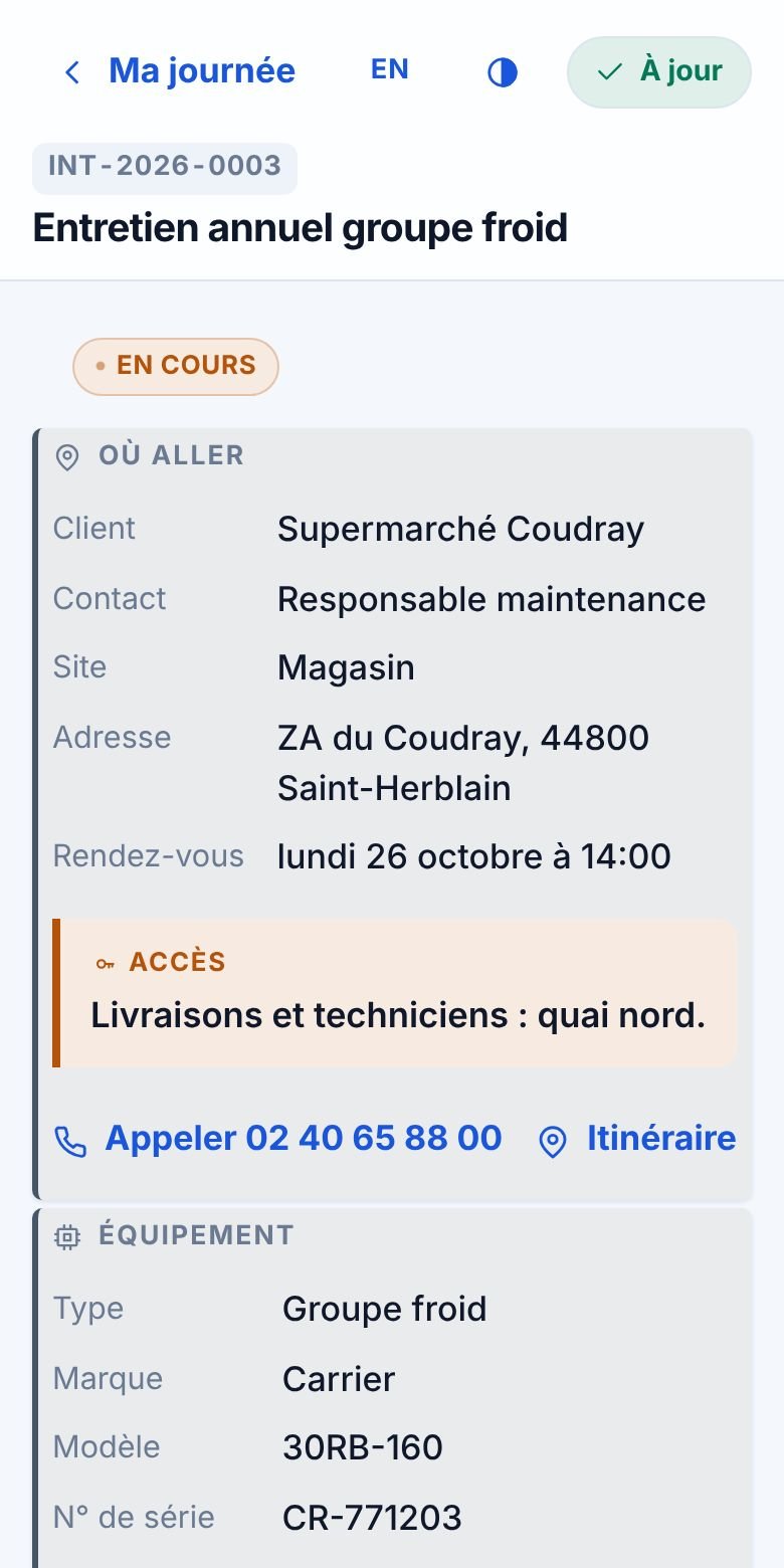 Une intervention sur le téléphone du technicien : client, adresse, code d’accès et équipement