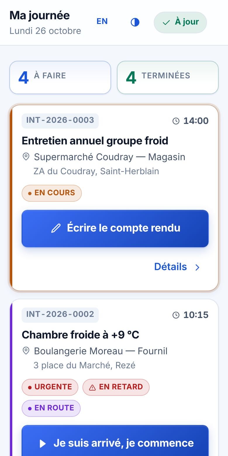 La journée d’un technicien sur son téléphone : ses interventions, l’adresse et un gros bouton pour démarrer